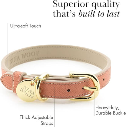 NINA WOOF Rio Vegan Leather Dog Collar - Padded Luxury Dog Collar with Adjustable Buckle - Collar for Dogs, Dog Collar for Small Dogs to Dog Collar for Large Dogs - Color Peach (Large)