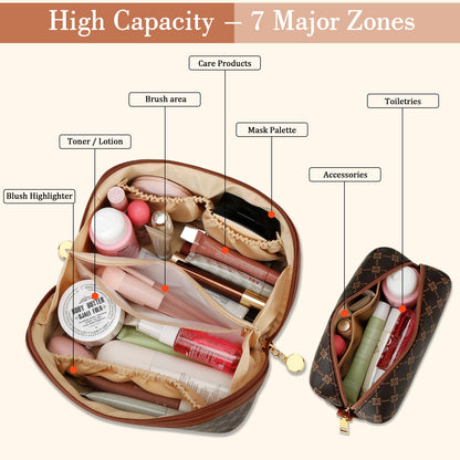 CLOUDWINGS Birthday Gifts for Women Teen Girl, Personalized Initial Makeup Organizer Bag Set, Open Flat Travel Cosmetic Bag With Clear Divider and Handle(Coffee,A)