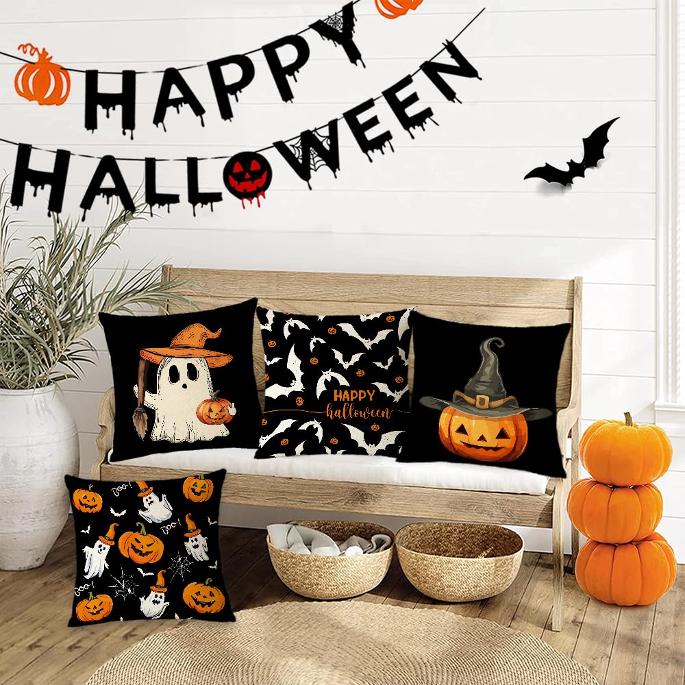 Halloween Pillow Covers 16x16 Set of 4 Ghost Pumpkin Decorative Throw Pillows Cover Black Spider Webs Pillow Cases Home Outdoor Sofa Couch Cushion Covers for Halloween Decorations (16 by 16)