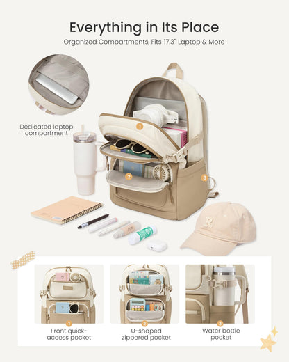 LOVEVOOK School Backpack for Teen Girls & College Students, Large Capacity Laptop Backpack with Water Bottle Holder, Lightweight Bookbag for School, Travel & Everyday Use, Beige-Khaki