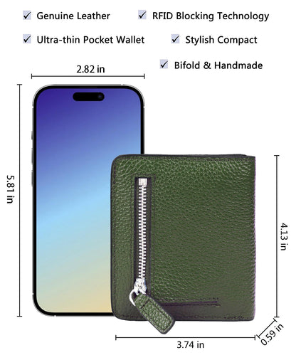 AINIMOER Small Leather Wallet for Women, Ladies Credit Card Holder RFID Blocking Women's Mini Bifold Pocket Purse, Green