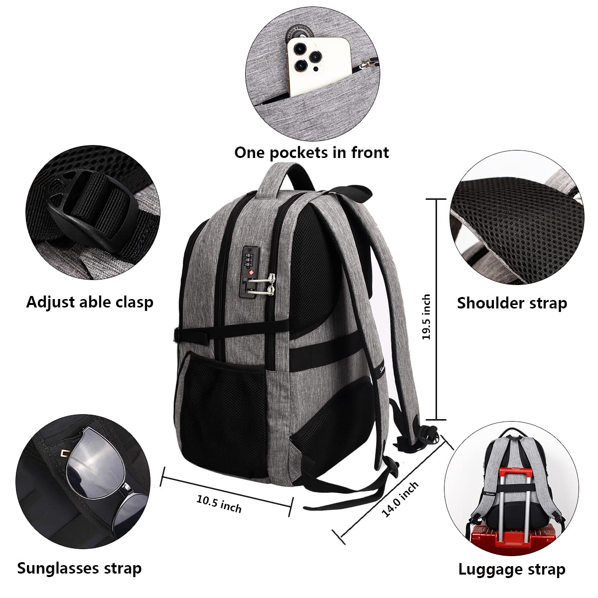SHRRADOO Anti Theft Laptop Backpack Travel Backpacks with Combination Lock for Women Men College Backpack Computer Bag Fits 17 Inch Laptop,Grey