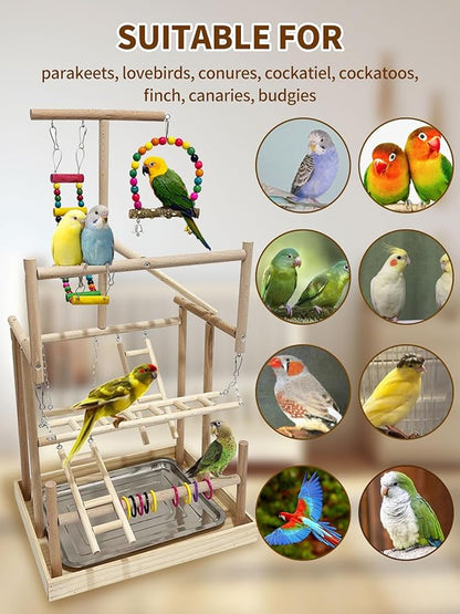 5 Layers Large Bird Playstand with Wheel, Natural Wood Parrot Playground, Parakeet Perch Stand Small Bird Playgym with Ladder Toy Accessories for Cockatiel Cockatoo Finch Budgie Lovebird