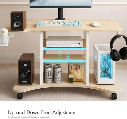 EUREKA ERGONOMIC Gaming Desk Computer, 37" Rolling Desk on Wheels for Small Space, Mobile Computer Cart with Pegboards Adjustable Shelves for Gaming PS Switch, Craft Station, Home Office - Maple