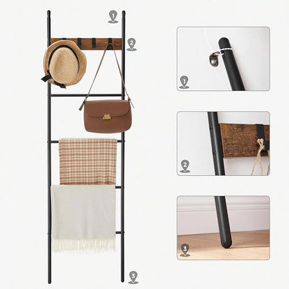 Blanket Ladder, 5-Tier with 4 Removable Hooks, Steel and Particleboard, Black, 17.3x63 Inch, Anti-Tip Kit Included