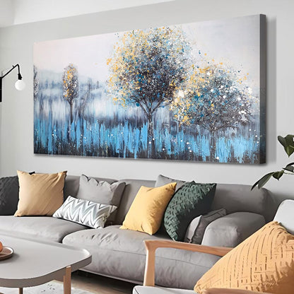 Arjun Tree Wall Art Canvas for Living Room Blue Tree of Life Nature Teal Abstract Textured Painting Picture Modern Panoramic Landscape Artwork Framed Bedroom Home Office Decor, Large Size 40"x20"