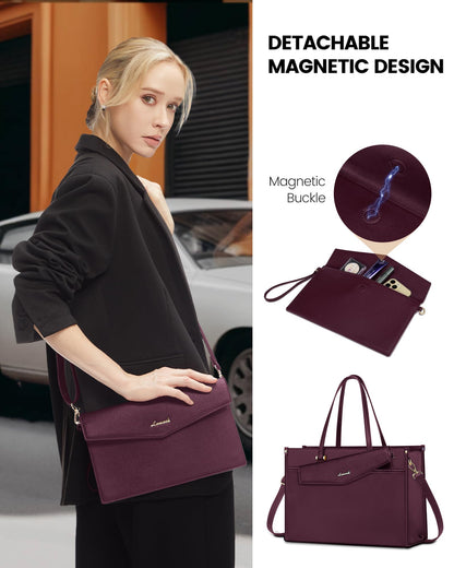 LOVEVOOK Laptop Bag for Women, 15.6'' Laptop Tote Purse 2-in-1 Professional Work Bag Business Briefcase with Clutch Purse, Waterproof Leather Computer Handbag for Teacher Office Travel