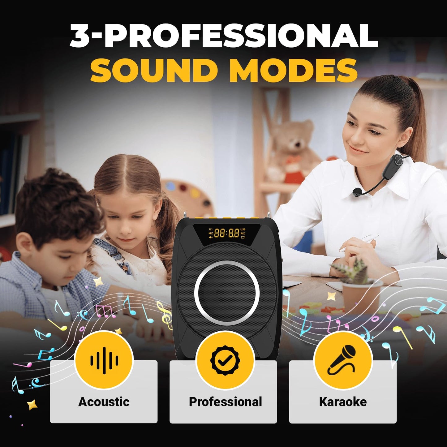 Voice Amplifier with Wireless Microphone Headset – Waterproof Portable Speaker Microphone with TWS Stereo, SOS, Recording – Rechargeable Bluetooth 5.0 PA System for Teachers, Coaches, Tour Guides
