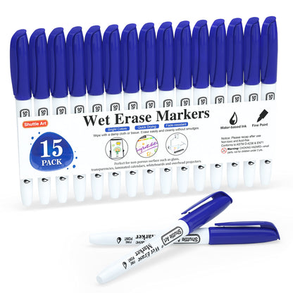 Shuttle Art Wet Erase Markers, 15 Pack Blue 1mm Fine Tip Smudge-Free Markers, Use on Laminated Calendars, Overhead Projectors, Schedules, Whiteboards, Transparencies, Glass, Wipe with Water