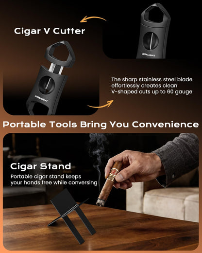 Cigar Humidor Set with 5-in-1 Cigar Lighter, V Cutter, Cigar Holder, Cigar Draw Enhancer, Humidifier&Hygrometer, Portable Travel Cigar Humidor Box, Cigar Accessories Cigar Case, Cigar Gifts for Men