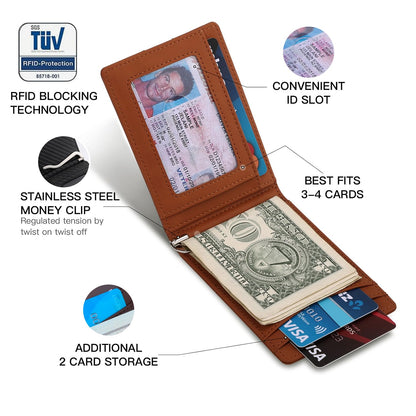 RUNBOX Slim Money Clip Wallets for Men RFID Blocking 8 Card Holder Minimalist Small Thin Carbon Leather Bifold Mens Front Pocket Wallet Gift Box(Desert Brown)