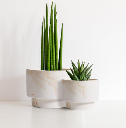 Olly & Rose White with Beige Streaks Ceramic Plant Pot Set 2-16.5,13.5cm Medium Plant Pots Outdoor and Indoor - White Planters - Flower Pots