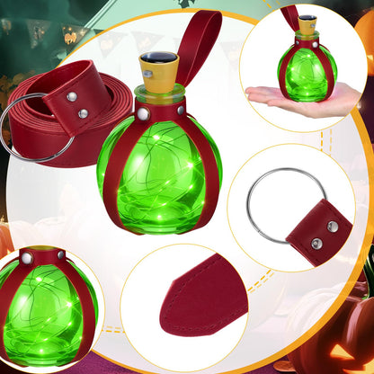 Geyoga Halloween Witch Potion Bottles Wizard Staff Solar Light up Medieval Renaissance Witch Accessories Dark Magic Cork Bottle with Belt Decor(Burgundy with Green Light)