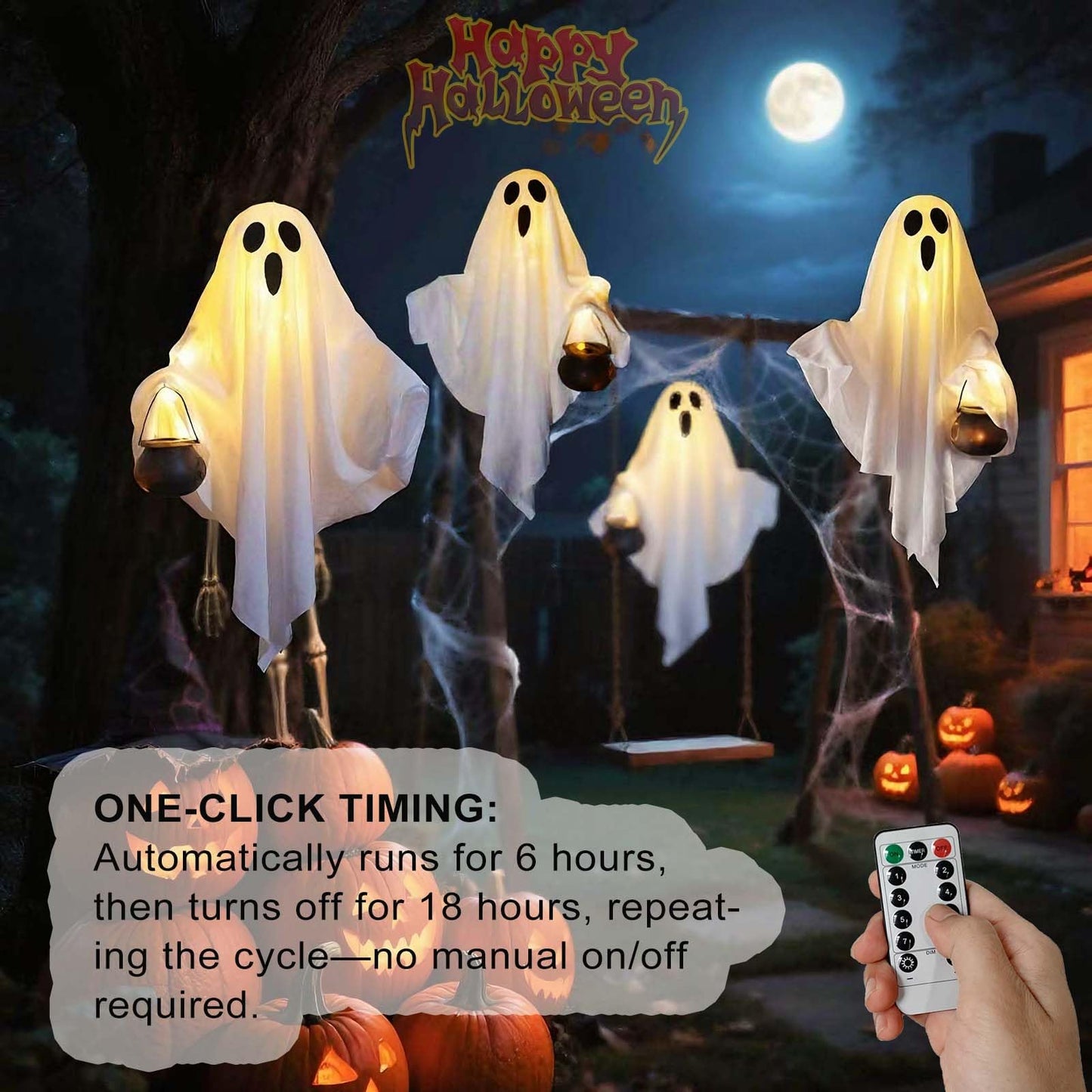 [Timer] 2 Pack Halloween Light Up Ghost Decorations, Battery Operated Flying Hanging Ghosts Glowing Led Lights Remote Control 8 Lighting Modes Floating Swinging Yard Garden Porch Outdoor Indoor Decor