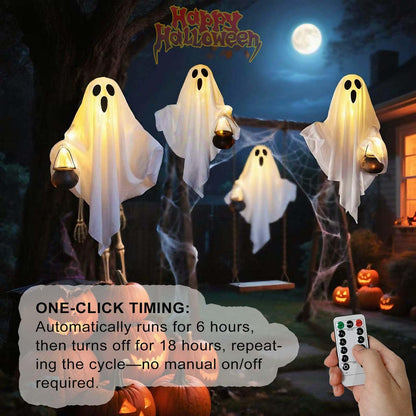 [Timer] 2 Pack Halloween Light Up Ghost Decorations, Battery Operated Flying Hanging Ghosts Glowing Led Lights Remote Control 8 Lighting Modes Floating Swinging Yard Garden Porch Outdoor Indoor Decor