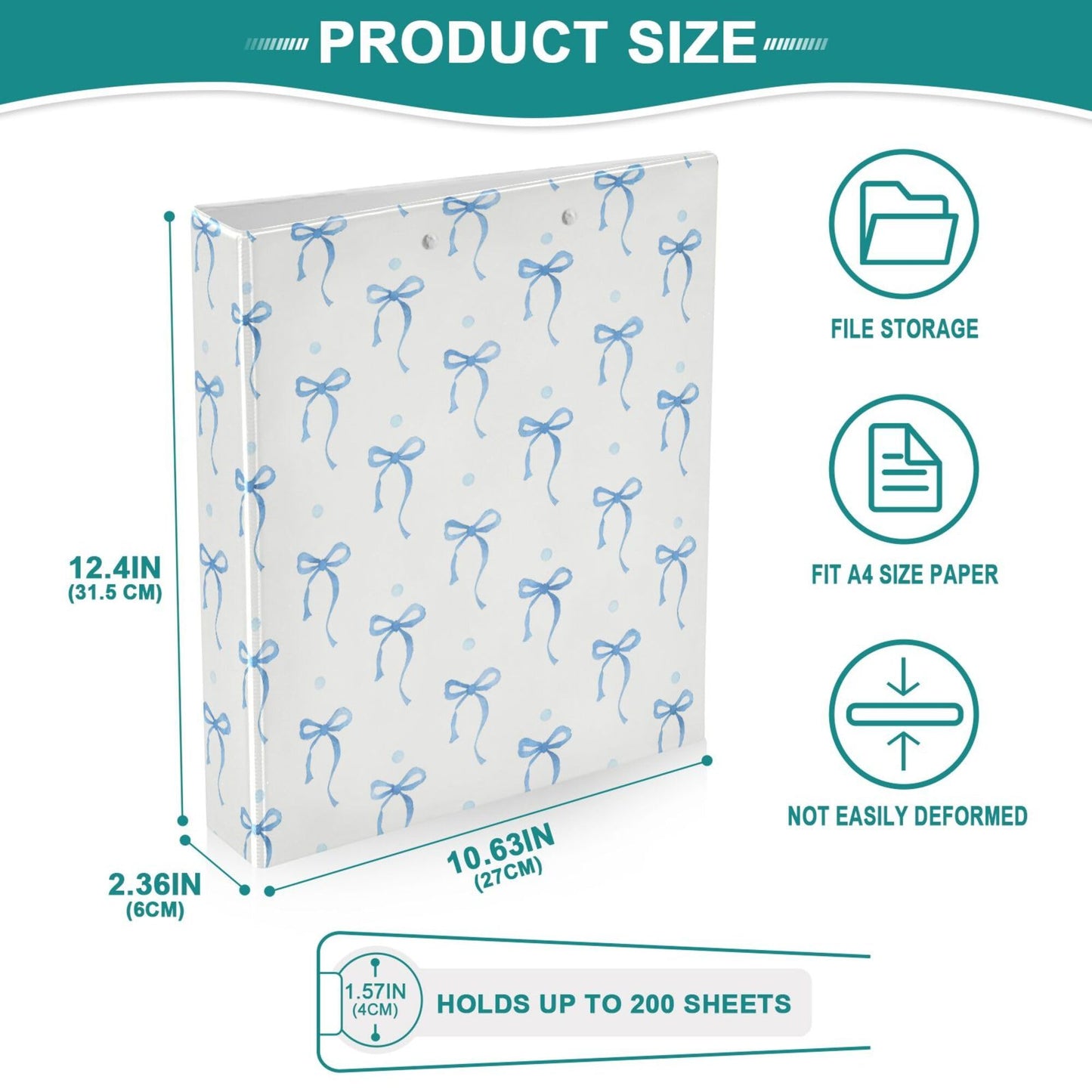 Blue Bow Round Ring Binders 1.5 Inch Ribbon Bow Knot 3 Ring Clipboard Binder for Office School Work Supplies File Folder 200 Sheet Capacity