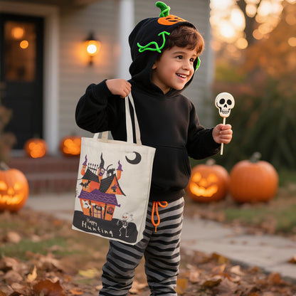 ATFUNSHOP 13.8" Large Halloween Tote Bag Trick or Treat 3 Pack Canvas Reusable Large Bucket with Handle for Kids