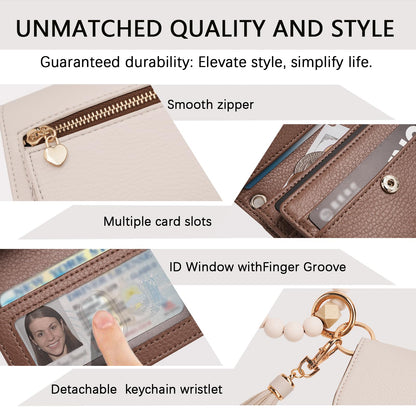 Sunpour Keychain Wallet RFID Wristlet Wallets for Women,Small Wallets Woman Key Chain Wallet with Coin Pocket and Id Window (Beige＆Brown)