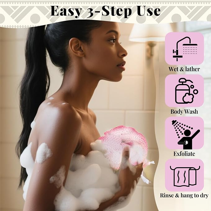 African Net Sponge Authentic-4 Packs African Exfoliating Net Sponge,Bath Sponges for Shower,42 inch Long for Normal to Sensitive Skin, Body Exfoliator Shower -Light Purple,Purple,Light Pink,Neon Pink