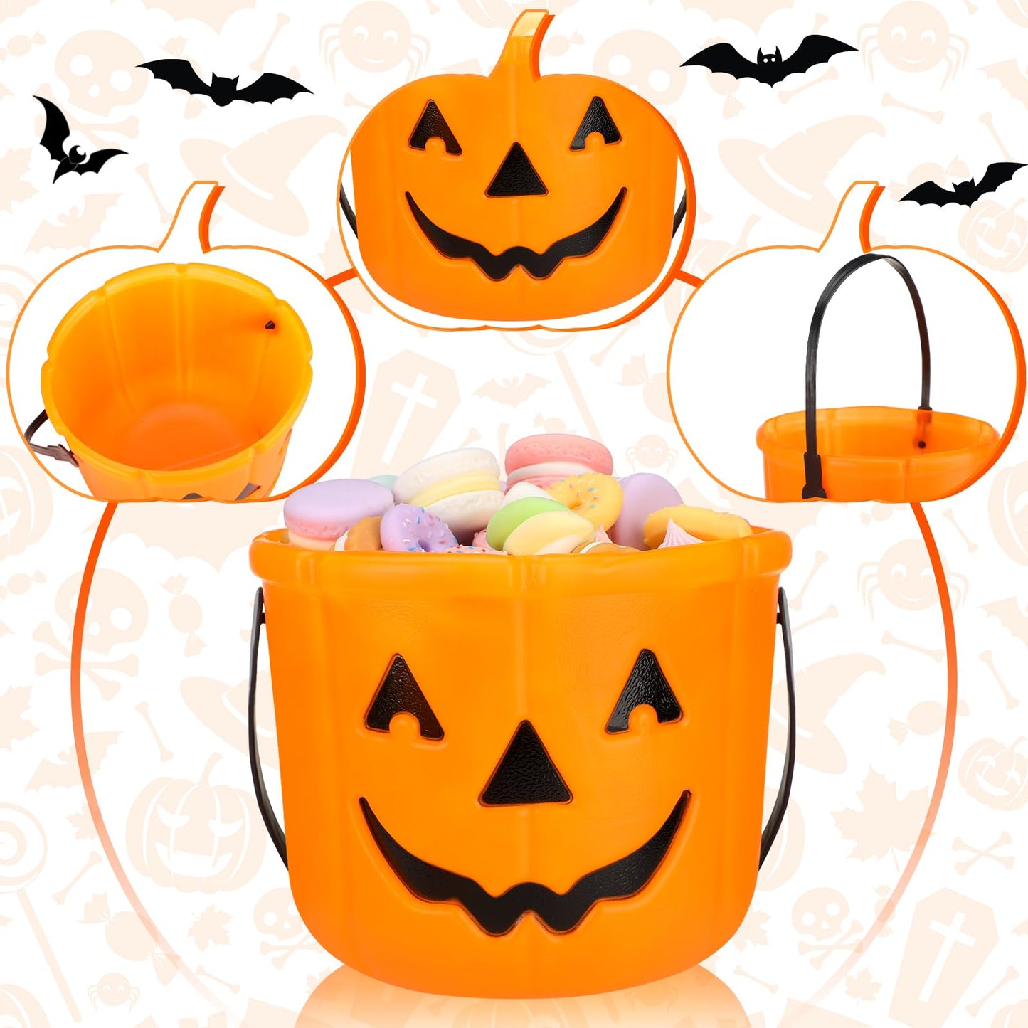 Jenaai 12 Halloween Trick or Treat Buckets Halloween Pumpkin Buckets Halloween Party Favors Pumpkin Face Candy Basket Plastic Pail Candy Bowl Holder with Handle or Party Decoration (Orange)