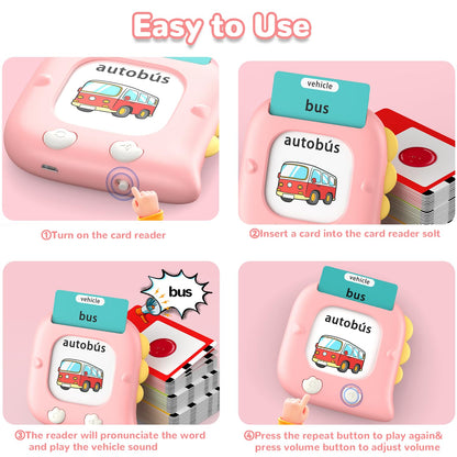 Kidzdo 520 Bilingual Spanish English Talking Flash Cards, Easter Birthday Gifts for 2 3 4 5 6 Year Old Girls, Language Pocket Speech Therapy Toys, Portable Toddlers Toys, Pink