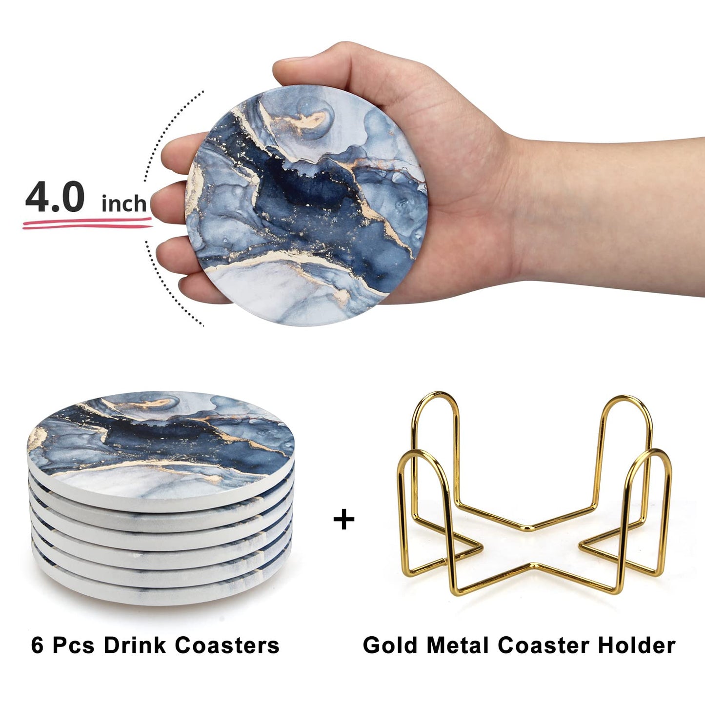 Dksyee Coasters Set of 6, Navy Blue Marble Abstract Round Ceramic Coasters with Holder, Best Absorbent Drink Coaster Set, Coffee Table Decor for Home Decor House Warming Gifts New Home