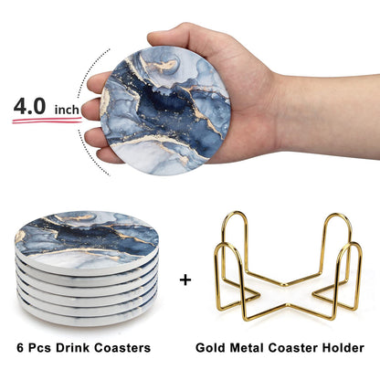 Dksyee Coasters Set of 6, Navy Blue Marble Abstract Round Ceramic Coasters with Holder, Best Absorbent Drink Coaster Set, Coffee Table Decor for Home Decor House Warming Gifts New Home