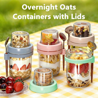 4 Pack Overnight Oats Containers with Lids and Spoons, 20oz Dual-Layer Overnight Oats Jars with Dry and Wet Separation, Thick Glass Mason Jars for Yogurt Dressings Salad & Snacks