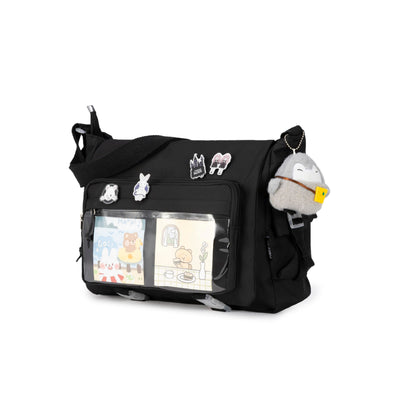 Kawaii Crossbody Ita Bag for Women with Pin and Plush Penguin, Cute Messenger Bag Japanese Crossbody Bag Y2K Purse Black Fit 15.6 Inch Laptop