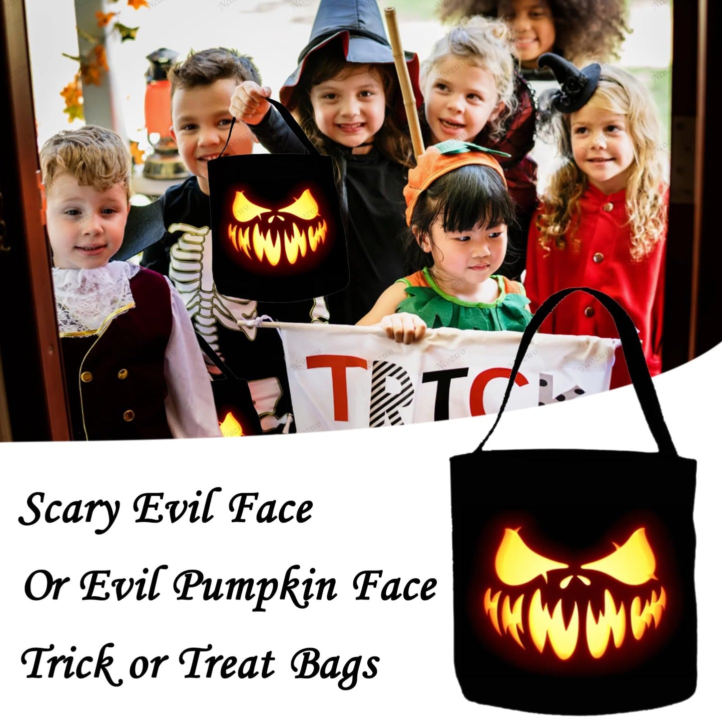 Halloween Trick or Treat Bucket Candy Bags Scary Evil Face Treat Bags Creepy Pumpkin Face Non-Woven Tote Bag with Handles Portable Collapsible Candy Present Bag for Party Decoration Favor Supplies