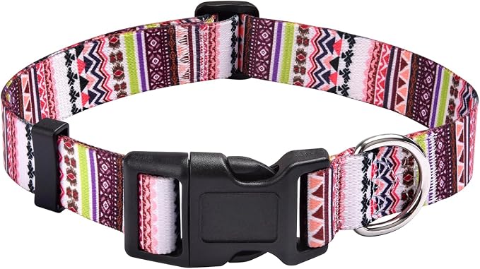 Mihqy Dog Collar with Bohemia Floral Tribal Geometric Patterns - Soft Ethnic Style Collar Adjustable for Small Medium Large Dogs(Pink Bohemia,M)