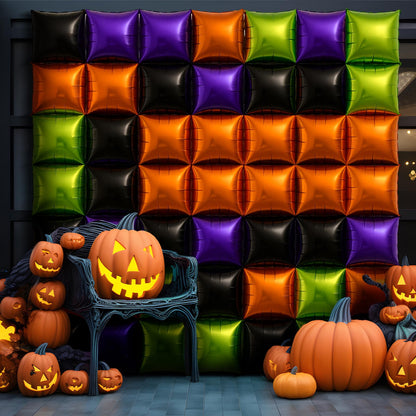 Charnoel 50 Pcs Halloween Balloon Garland Arch Kit Black Orange Green Purple Double Sided Square Foil Balloons Wall Backdrop 19 Inches Tunnel Kit for Halloween Party Background Classroom Decorations