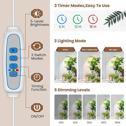 Aokrean Grow Lights for Indoor Plants, Full Spectrum Plant Lights for Indoor Growing with 6/12/16H Timer, 3 Optional Spectrums,5 Dimmable Levels, Height Adjustable 9.8"-37.4" Wood Grain Desk Grow Lamp