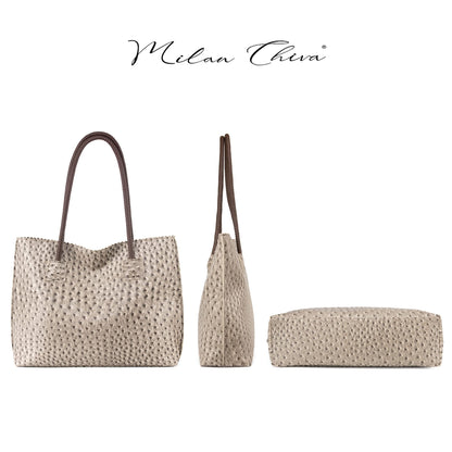 Milan Chiva Leather Tote Bag for Women with Zipper Large Ostrich Hobo Purse Shoulder Purses and Handbags Light Gray Gift MC-1038LGY
