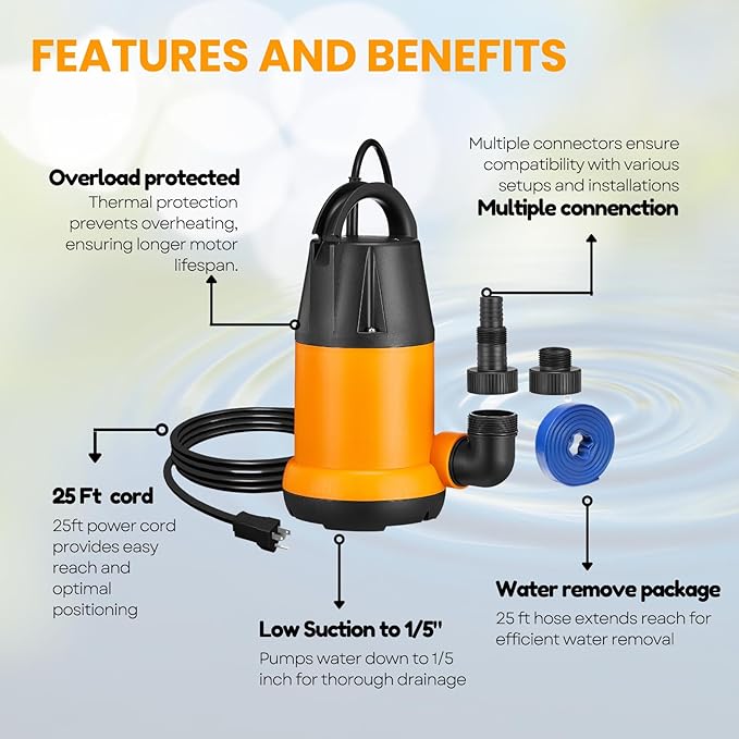 Limodot Submersible Water Pump With 25ft. Hose Kit, Sump Pump, Utility Pump with 25-Foot Power Cord, 4000GPH, Portable Water Pump for Swimming Pools, Garden Ponds, Basements, Multi-Purpose Drainage
