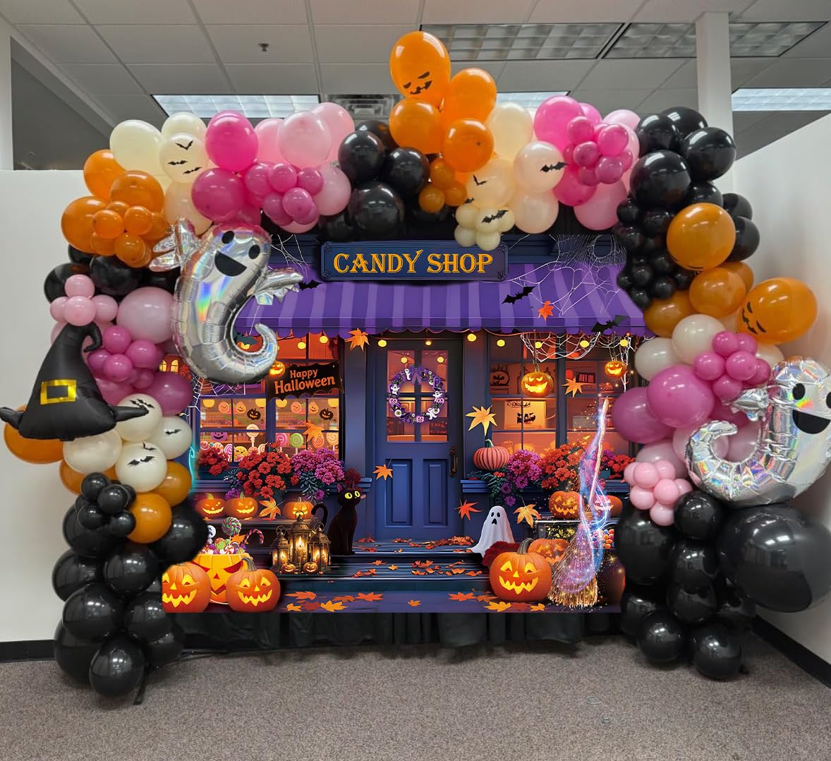Halloween Candy Shop Backdrop Magic Witch Pumpkin Shop Maple Leaves Photography Background Halloween Pumpkin Lantern Night Theme Party Decorations Banner (8X6FT(94 x 70 inch))