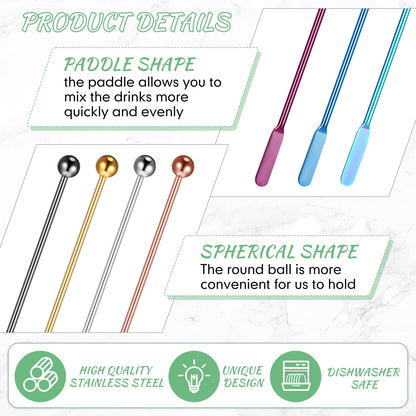 Roshtia 15 Pcs 7.6 Inch Metal Stir Sticks Coffee Stirrers Reusable Stainless Steel Swizzle Stick Drink Stirrers for Cocktail Beverage Milk Juices, Multicolor