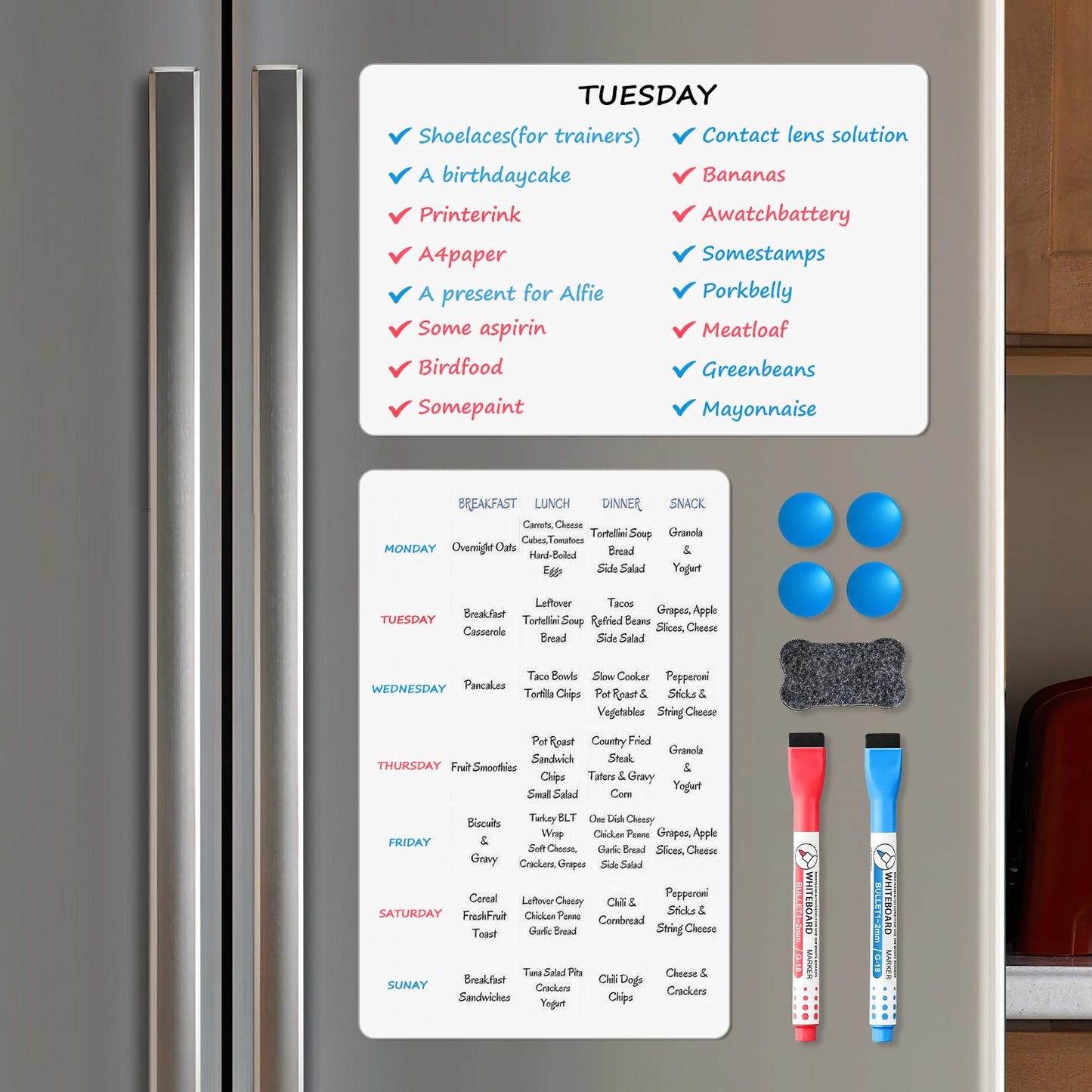 Magnetic Whiteboard for Fridge, 17" x 11" Dry Erase Board Set with Markers & Eraser, Strong Magnet & Stain-Resistant Surface, Fridge Calendar for Notes, Grocery List, Meal Planning & Family Schedule