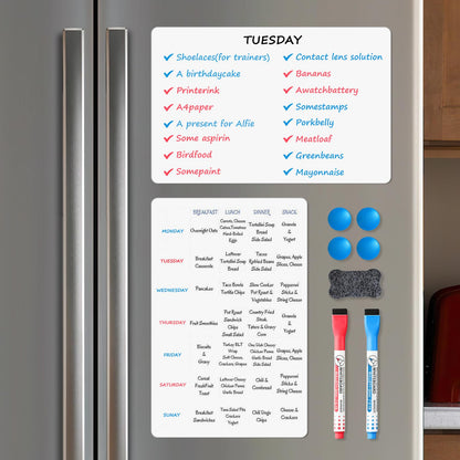 Magnetic Whiteboard for Fridge, 17" x 11" Dry Erase Board Set with Markers & Eraser, Strong Magnet & Stain-Resistant Surface, Fridge Calendar for Notes, Grocery List, Meal Planning & Family Schedule