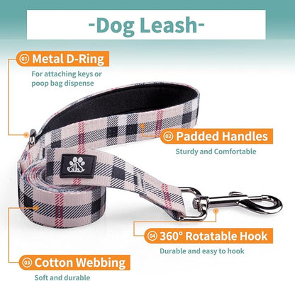 IVY&LANE Dog Collar with Bowtie and Leash Set | Plaid Adjustable Dog Collar | Detachable Bow Tie |5 FT Dog Leash | for Small Medium Large Dogs | Checkered Beige | X-Small