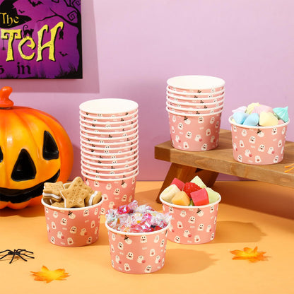 Spiareal 24 Pcs Halloween Bowls Pink Ghost Disposable Paper Bowls 9oz Halloween Treat Snack Cups Candy Dessert Ice Cream Party Cups for Holiday Table Decoration Party Favor Supplies