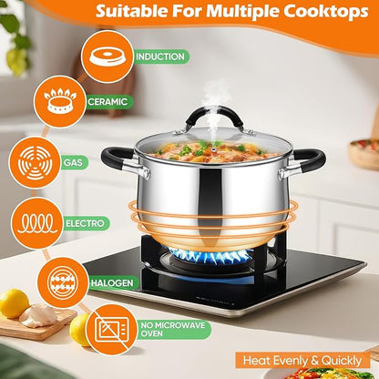 P&P CHEF Stainless Steel Stock Pot, 5 Qt Cooking Soup Pot with Visible Lid for Pasta, Tri-Ply Bottom & Dual Heatproof Handles, For Induction Gas All Stoves, Non-Toxic & Dishwasher Safe