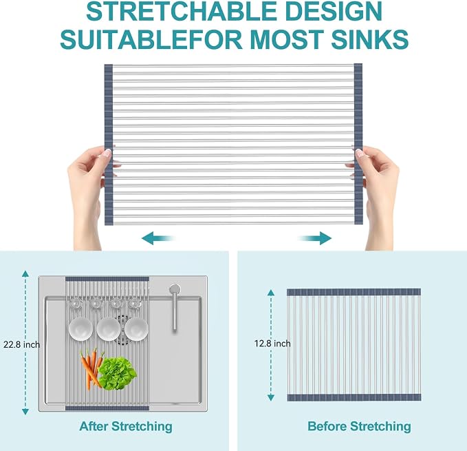 BBXTYLY Extra Large Expandable Roll Up Dish Drying Rack,Over The Sink Drying Rack Sink Cover Kitchen Sink Accessories Kitchen Rolling up Stainless Steel Drainer, Foldable,Rollable（Grey，22.8'-17.3''）