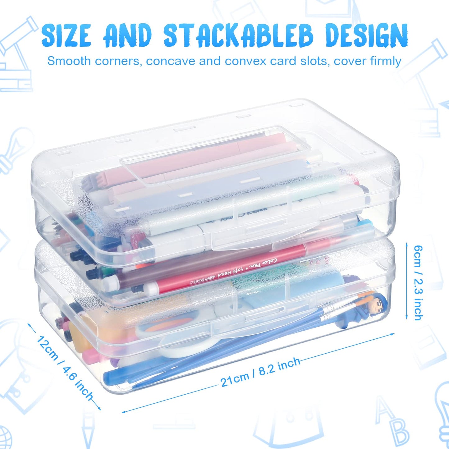 Leelosp 12 Pack Clear Pencil Boxes for School Bulk, Large Plastic Pencil Case with Lid, Stackable Hard Crayon Storage Box for Classroom Kids, Desk Drawer Organizer for Office Home(Clear)