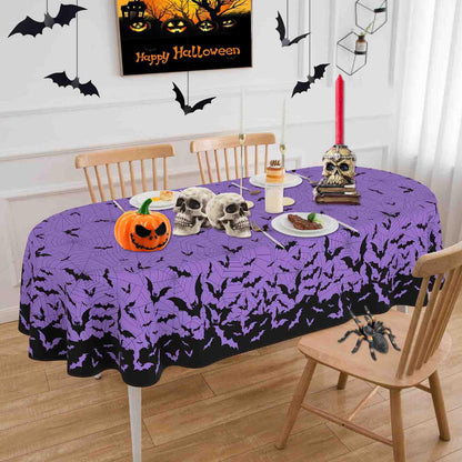HSOWKDN Oval Halloween Tablecloth 60×84 Inch, Halloween Purple Tablecloths Oval Spider Web Bat Table Cloth Washable, Spooky Table Cover Decor for Party Picnic Dinner