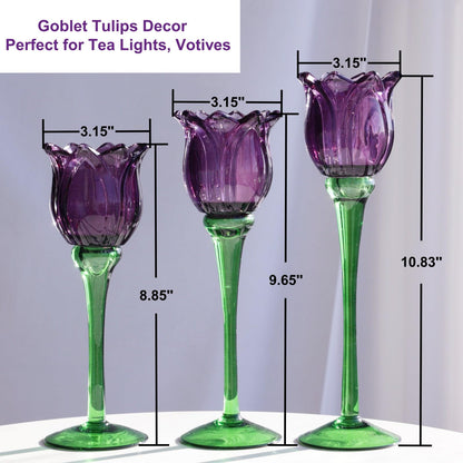 VOHO Purple Tulip Tealight Candle Holder Set of 3, Glass, Purple, Floral, Holidays, Wedding, Romance, Easter, Halloween, Thanksgiving, Christmas, Anniversary & Engagement, Tabletop, 3.15'' x 10.83''