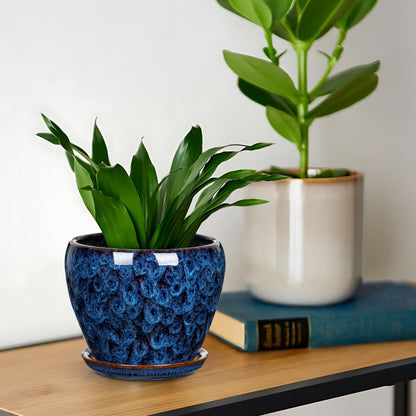 Hollyone Ceramic Planter Blue Ceramic Plant Pot for Plants Flowers 5.5 inch with Drainage Hole and Saucers Ceramic Glaze Round Flower Plant Pot for Indoor Outdoor Round Succulent Orchid Flower Pot