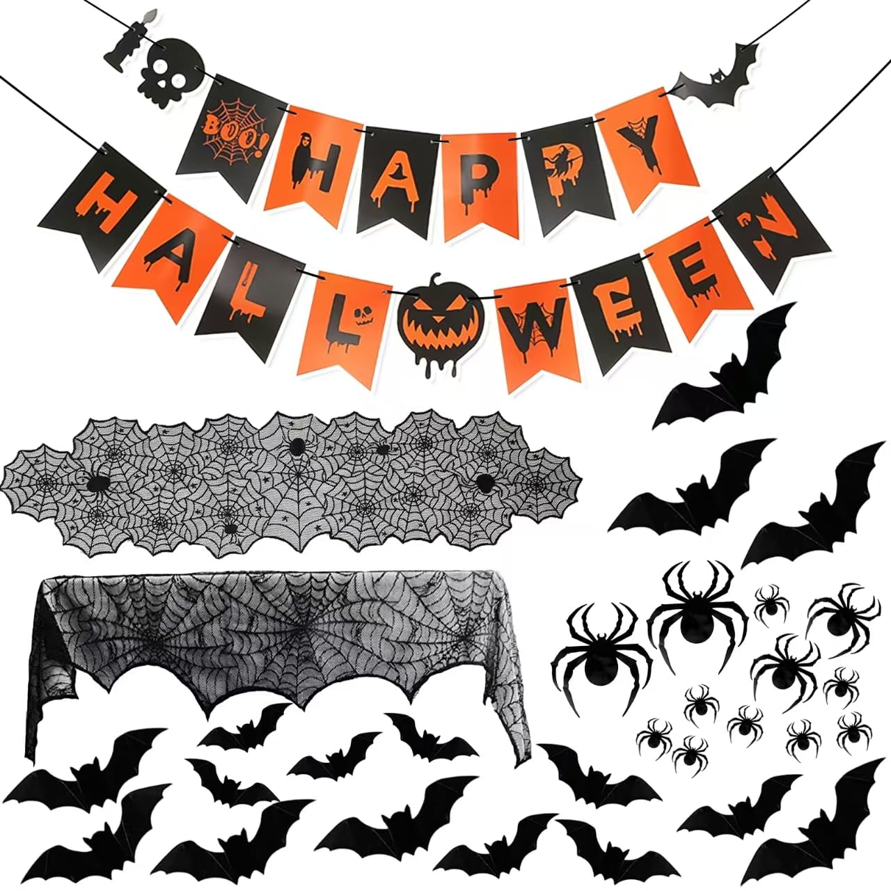 Indoor/Outdoor Halloween Decor Set - Mantel Scarf, Spider Table Runner, 3D Bats & Spiders, Happy Halloween Banner