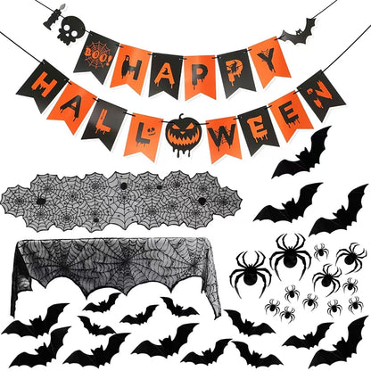 Indoor/Outdoor Halloween Decor Set - Mantel Scarf, Spider Table Runner, 3D Bats & Spiders, Happy Halloween Banner