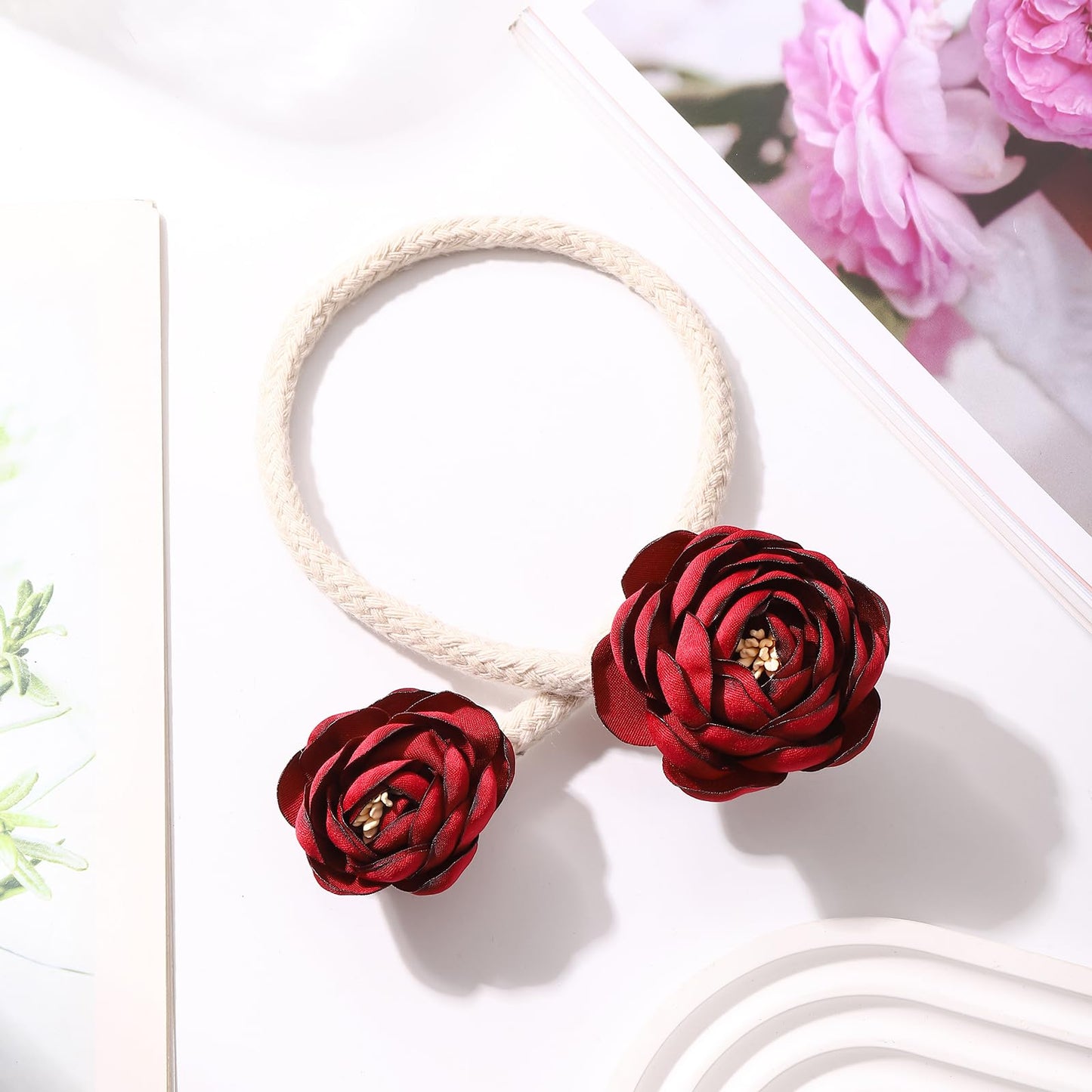 SUQ I OME 2 Pieces Handmade Artificial Christmas Red Flower Curtain Holdbacks,Curtain Tiebacks Clips Creative Window Drape Twist Tie Backs for Christmas Decorative Draperies Holdbacks (Wine Red)
